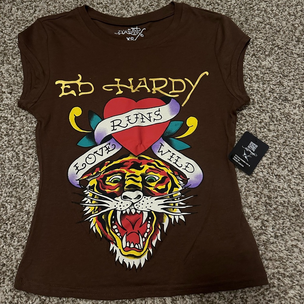 Ed Hardy Brown XS Woman’s T-Shirt with Tiger Graphic